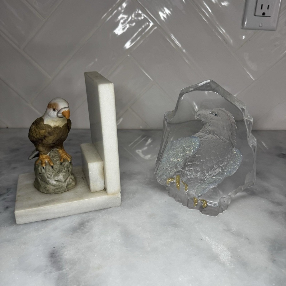 Vintage Eagle Bookends Marble & Lucite Bald Eagle Decor Set - Picture 3 of 3